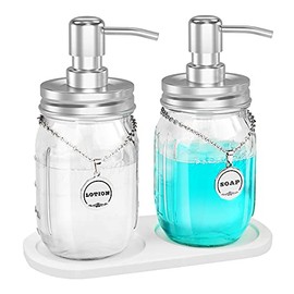 HvOvMvE Mason Jar Soap and Lotion Dispenser Set with 2 in 1 Non-Slip Coaster, Rustproof Stainless Steel Lids and Pumps , Soap Labels, Farmhouse Decor for Bathroom or Kitchen (Silver)