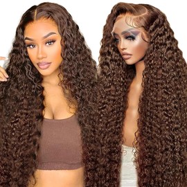 Aimking 13x6 Chocolate Brown Lace Front Wig Human Hair Wigs For Women 180% Density #4 HD Deep Wave Lace Frontal Wigs Curly Chocolate Brown Wig Human Hair Pre Plucked With Baby Hair Colored (32 Inch)