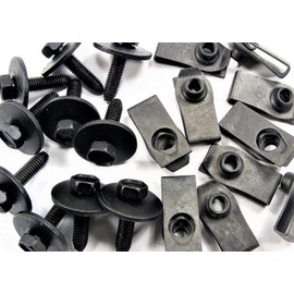 Retro-Motive #1879 Body Bolts & U-Nut Clips, Black Finish, M6-1.0 x 25mm Long - 10mm Hex (20 Piece Each)