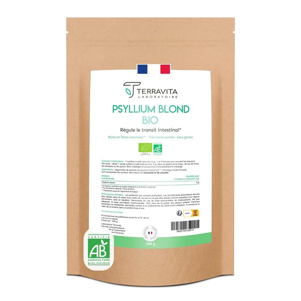 PSYLLIUM Organic Blonde | Husk Nutrients 99% Pure Natural Soft Fibres for Digestion and Transit | Rich in Mucilages for Optimal Efficiency | Made in France | 300g | Terravita
