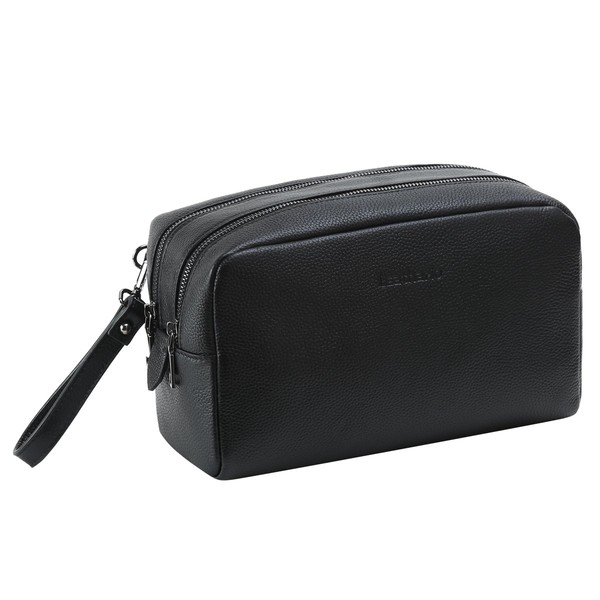 Leathario XXL Women's and Men's Leather Toiletry Bag Waterproof Cosmetic Bag with Carry Handle for Women, black