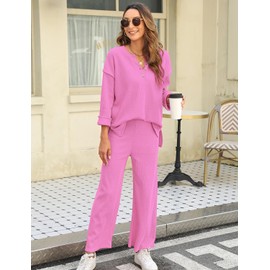 FANCYINN Women 2 Piece Outfits Tracksuit Slouchy Sweatsuit Matching Lounge Sets Waffle Trendy Jumpsuit Sets Fall Outfits for Women 2024 Rose Red S