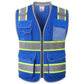 JKSafety 9 Pockets Hi-Vis Safety Vest Breathable Mesh Fabric Cushioned Collar Work Utility PPE Lightweight Industrial Work Gear ANSI/ISEA compliant (101-Blue L)