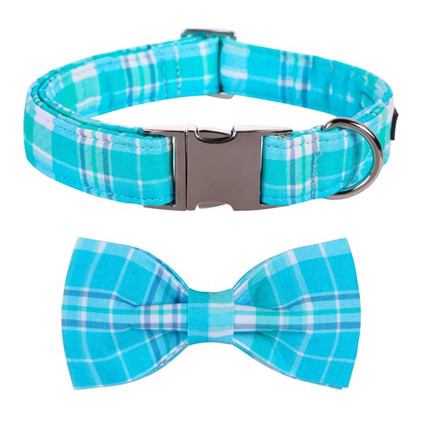 Maca Bates Plaid Blue Dog Collar with Checkered Bow Bowtie