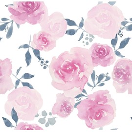 ZHENNEHZ Watercolor Floral Peel and Stick Wallpaper, Pink Roses,Self Adhesive Wallpaper for Bedroom Furniture Wall Home Decorations, 17.3 "x 118"