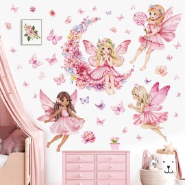 decalmile Pink Fairy Girls Wall Decals Flower Moon Butterfly Wall Stickers Girls Bedroom Baby Nursery Kids Room Wall Decor