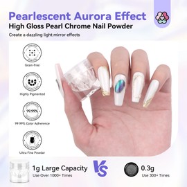 SAVILAND Chrome Nail Powder Kit: Metallic Mirror Effect Pigment White Pearl Chrome Nail Powder with 15ml No Wipe Top Gel Sculpture Pen for Gel Polish Manicure Glitter DIY Nail Art Decoration Home Use