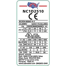 US Breaker NC1-D2510-V120 UL Listed (for USA) Replacement for Telemecanique LC1D2510 G6 (LC1 D25 10) (120V Coil) Contactor