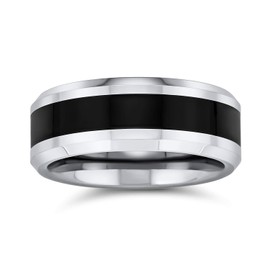 Bling Jewelry Simple Two Tone Black Center Couples Titanium Wedding Band Ring for Men for Women Silver Tone Beveled Edge 8MM
