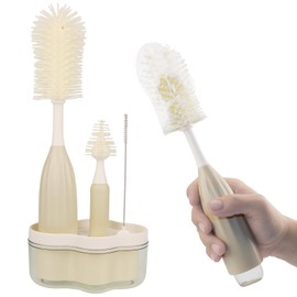 Baby Bottle Cleaning Brush Set – Innovative Silicone Foam‑Dispensing Bottle Brush with Nipple Brush & Straw Brush + Storage Stand (Beige)