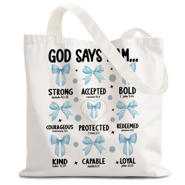 LZYRF God Says I Am Christian Tote Bag, Coquette Blue Bow Bible Verse Canvas Tote Bags for Women, Religious Scripture Reusable Grocery Shopping Bag