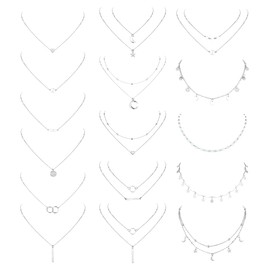 MILACOLATO Necklaces for Women 16Pcs Long Pendant Danity Layered Choker Necklaces Pendant Coin Moon Boho Star Pearl Chain Choker Multi-Layer Necklaces Set for Women Adjustable Gold Silver Tone