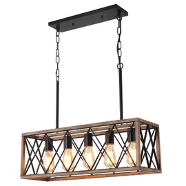 KEESFU 5-Light Dining Room Light Fixture, Farmhouse Kitchen Island Lighting,Adjustable Height Pendant Light, Rustic Linear Chandelier for Kitchen, Dining Room Table, Pool Table. (Wood Grain Color)