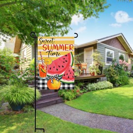 Sweet Summer Time Garden Flag Watermelon Buffalo Plaid Welcome Small Flags for Outside, Fruit Double Sided Burlap Juice Lemon Holiday Seasonal Banner Farmhouse Outdoor Yard Decoration 12x18 Inch