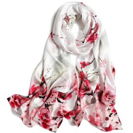 MEISEE 100% Mulberry Silk Long Scarf for Women Large Oblong Sunscreen Shawls Wraps Neck Headscarf Hair Wraps with Gift Packed (White+red flower-2)