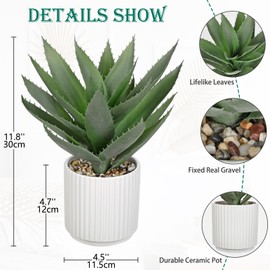 Hollyone Large Artificial Agave Plants 11.8“ Fake Succulents Potted Faux Aloe Vera Plant in White Pot Succulent Agave Plants for Desk Modern Office Living Room Table Shelf Home Indoor Outdoor Decor