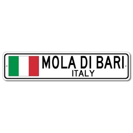 Mola Di Bari, Italy - Italian Flag Sign - Metal Novelty Sign for Home Decoration, Italian Restaurant Wall Decor, Gift Street Sign, Italian Hometown Sign, Made in USA - 4x18 inches