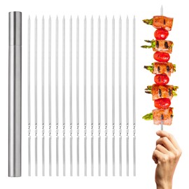 Oak & Steel - 14" Stainless Steel Reusable Barbecue Metal Skewers with Premium Storage Case, 35cm - Flat BBQ Party Grilling Kebab Skewer Sticks with Storage (40)