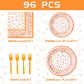 K1tpde Cholo Bandana Party Tableware - 96PCS Cholo Gangsta Theme Bandana Orange Paper Plates Set Western Cowboy Birthday Party Disposable Dinnerware Paper Napkins Forks Bnadana Western Party Supplies