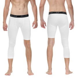 Runhit Men's 3/4 One Leg Compression Tights Single Leg Basketball Compression Pants Leggings Athletic Base Layer for Gym White Left Short XL