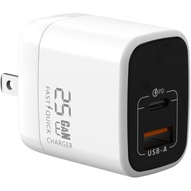 Fast 25W USB-C Charger - GaN Power Delivery - Dual USB-C Plus USB-A - Fast Compact Power Adapter for Smart Phones, Tablets and Thousands of Other Devices (White, 25W)
