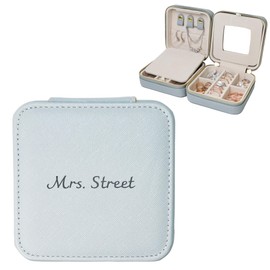 Customizable Leather Jewelry Box with Mirror, Travel Jewelry Case, Travel Jewelry Organizer, Jewelry Box for Women and Girls, Small Jewelry Organizer (Center Text, Cloudy Blue)