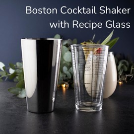 Taylor’s Eye Witness Glass & Stainless Steel Boston Recipe Cocktail Shaker Tool - 700ml/400ml (26.5/14fl oz). Stainless Steel Silver Coloured Lid. Measuring Scale & Recipes on Glass Shaker.