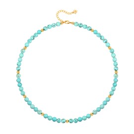 Aobei Pearl Genuine Turquoise Choker for Women Bohemian Gemstone Beaded Necklace Minimalist 18K Gold Round Ball Beads Station Necklace Summer Beach Layering Jewelry 15”
