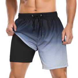 Mens Swim Shorts Mens Bathing Suits Mens Swim Trunks with Compression Liner Quick Dry Board Shorts Black Grey Stripes L