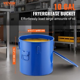 VEVOR Fryer Grease Bucket, 10 Gal Oil Disposal Caddy Carbon Steel Fryer Oil Bucket with Rust-Proof Coating, Oil Transport Container with Lid, Lock Clips, Filter Bag for Hot Cooking Oil Filtering, Blue Kitchen Utensils - Capacity: 6 Gallons