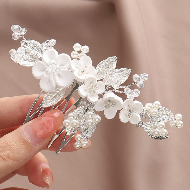 Banatra Flower Wedding Hair Comb Silver Leaf Hair Piece Pearl