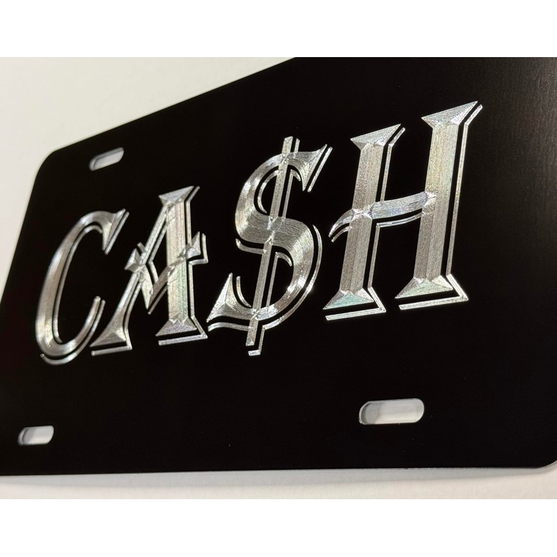 Cash $ Money Car Tag Engraved Gloss Black Silver Etched