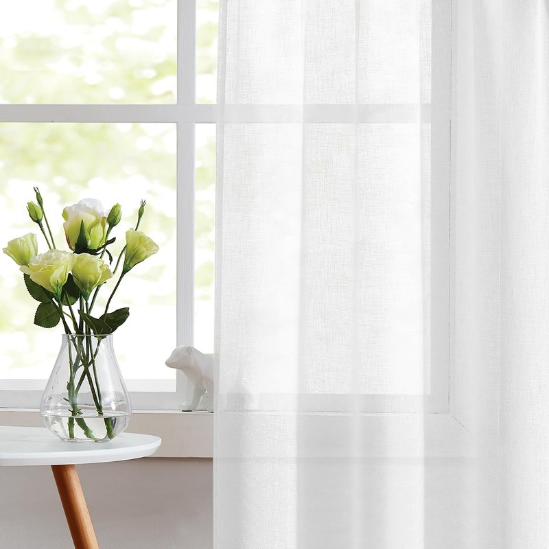 Bujasso White Linen Textured Semi Curtains 90 Inches Long Rod