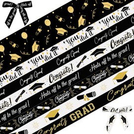 Hying 8 Rolls Grosgrain Ribbons for Wrapping Gifts, Congratulations DIY Party, 3/8" / 2" X 24 Yards Class of 2025 White Black Ribbon