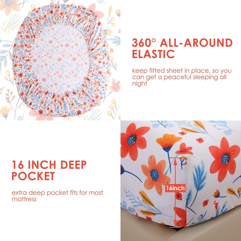 JSD Floral Printed Sheet Set Full Size, 4 Piece Flower