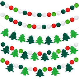 Preboun 5 Banners de Guirnaldas de Bolas de Fieltro de Navidad Guirnalda de Pompones y Árbol de Navidad Decoraciones Navideñas Adorno Colgante con Tonos de Rojo Verde y Blanco para Ventana Pared