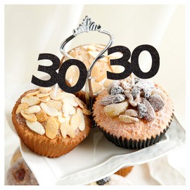 Sumerk 24PCS 30 Cupcake toppers Black Glitter 30th Birthday Cupcake Picks Anniversary Party Decorations