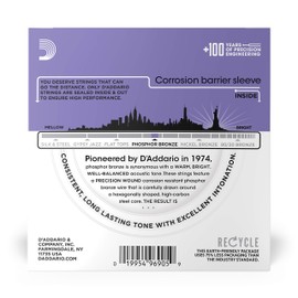 D'Addario D'Addario Guitar Strings - Phosphor Bronze Acoustic Guitar Strings - EJ26-10P - Rich, Full Tonal Spectrum - For 6 String Guitars - 11-52 Custom Light, 10-Pack