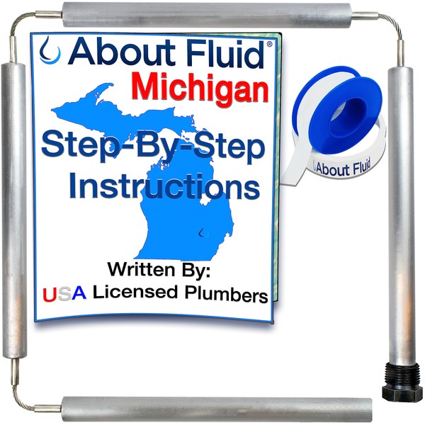 About Fluid Michigan, Magnesium Anode Rod for Water Heaters, City Water Series. Oversized Roll Teflon Tape, and Step-by-Step Instructions. Fits Rheem, Reliance, Kenmore, State, GE, A O Smith, Pls Ask