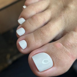 French Fake Toenails Square - White Press on Toenails Short - 24PCS Acrylic Pure White Stick on Toe Nails with Glue - Full Cover Glossy Spring Summer False Toenails for Women Girls