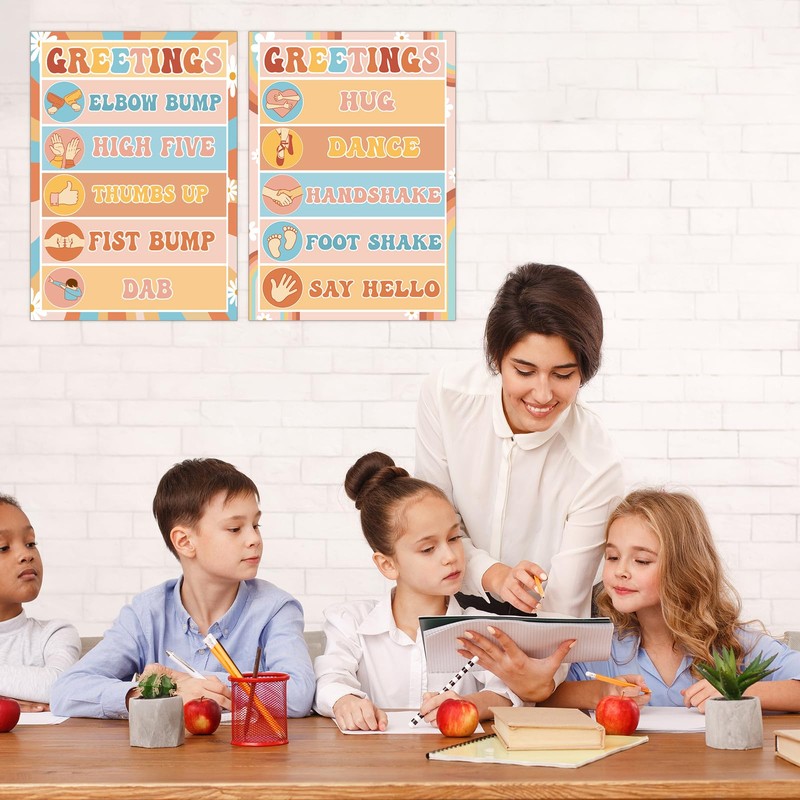 QOUBAI Groovy Classroom Greetings Poster Decor, Classroom Rules Greeting Choice