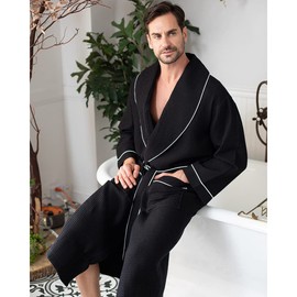 Lotus Linen Spa Men's Bath Robe – Soft Waffle Weave, Lightweight, Absorbent Cotton bathrobe for men
