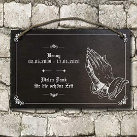elbedruck Slate Plaque Praying Hands Grave Plate Memorial Stone Gravestone Approx. 21 x 29 cm Engraved with the Hands of Dürer, Desired Text and Name, Also Possible as Bell Sign Door Sign (with Cord)