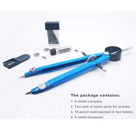 ZLKSKER Lockable All Metal Bow Compass with Pencil Sharpener & 15 Lead Refills, Anti-Rust Geometry Compass for Drafting, School, Woodworking