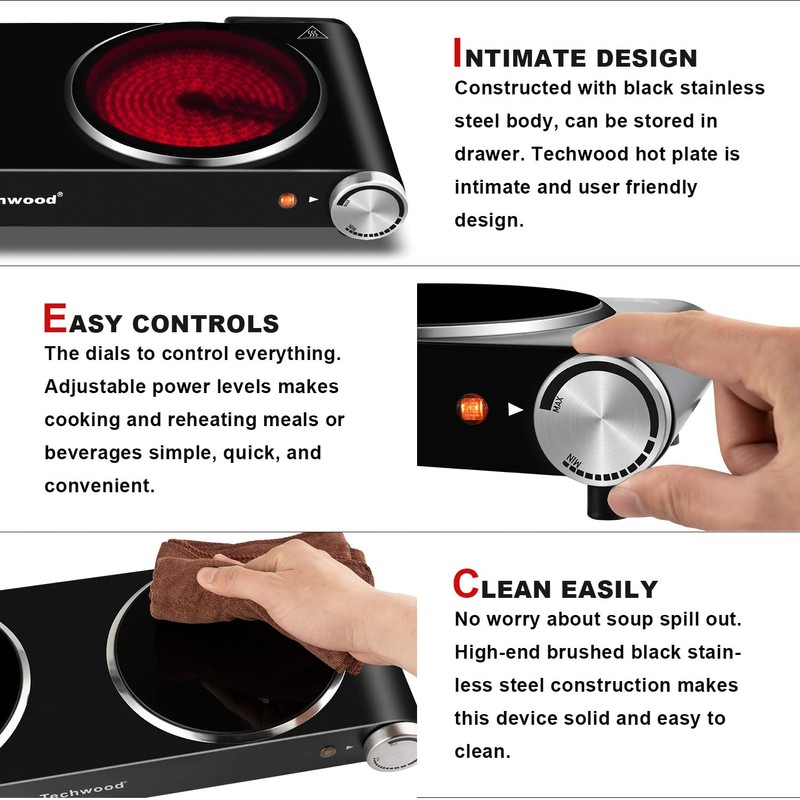 Hot Plate, Techwood 1800W Dual Electric Stove, Countertop Stove Double