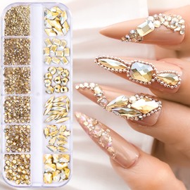 Champagne Nail Art Rhinestone, 3D Crystal Nail Diamond Gem, Flat Back Rhinestones Multi Shapes Sizes Nail Design for Women Girls Manicure Charms Decorations, DIY Jewelry Making Craft Supplies