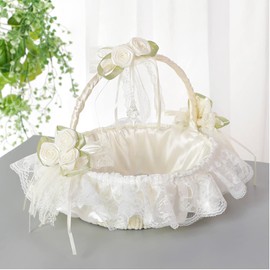 Canastas grandes para niñas de flores para bodas, con lazo de encaje de hadas con asa plegable y colección de encaje de satén Lvory de diamantes de imitación, suministros de decoración y