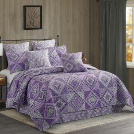 Virah Bella 3 Piece King Lodge Quilt Bedding Set - Rustic Country Reversible Comforter Set with Decorative Pillow Shams - Lavender