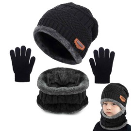 Yutdeng Warm Scarf Hat and Gloves Set for Boys Girls Winter Knitted Beanie Hat Fleece Lined Circle Scarf Kids Soft Thermal Neck Warmer Gift Outdoor Skiing 2-8 Years Old #1-Black