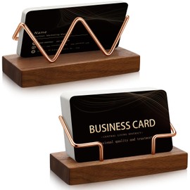 Amyhill 2 Pieces Wood Business Card Holder for Desk Wooden Business Card Display Stand Postcard Holder for Office Home Desktop (Wood Color, Rose Gold)